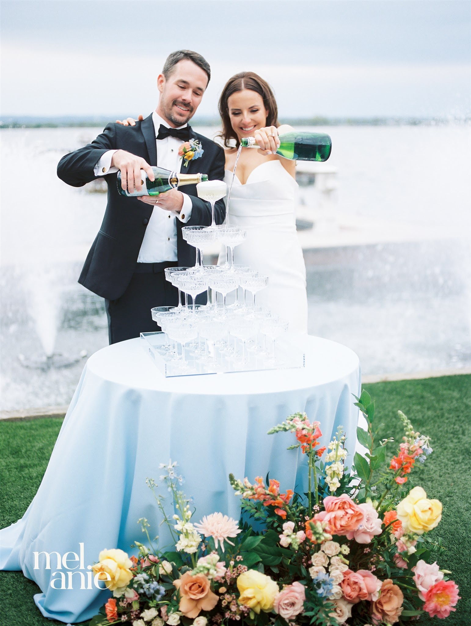 champagne tower waterfront wedding florist horsheobay texas destination wedding florist
